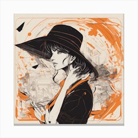 A Silhouette Of A Boy Wearing A Black Hat And Laying On Her Back On A Orange Screen, In The Style Of (1) Canvas Print