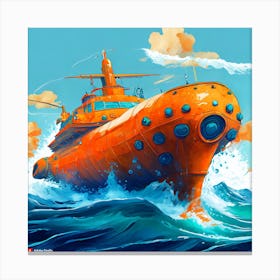 Orange Submarine In Ocean Spash Canvas Print