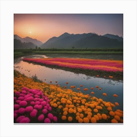 Sunset In A Flower Field Canvas Print