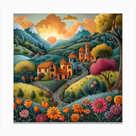 Village In The Countryside, Naive, Whimsical, Folk Canvas Print