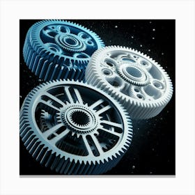 A render of three interlocking frosted glass and metal gears with a black background. The gears are illuminated from the inside and the teeth are beveled. Canvas Print