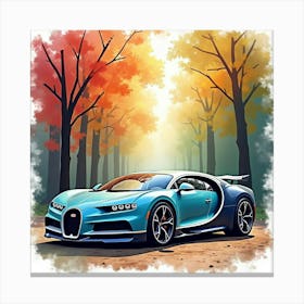 Bugatti Chiron Surrounded By A Colorful Watercolor Forest Scene Canvas Print