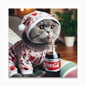 A Cat In Pajamas Drinking Diet Coke Canvas Print