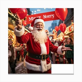 A Festive Christmas Scene With A Cheerful Man Dressed As Santa Claus Holding A Sign Fingers Pointin 2 1 Canvas Print