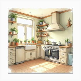 Elegant Kitchen Scene In Watercolor, Bright And Warm 1 Canvas Print