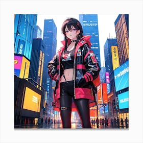 A Cyberpunk Girl With A Cool Gaze, Standing Amidst The Towering Buildings Of A Futuristic City Canvas Print