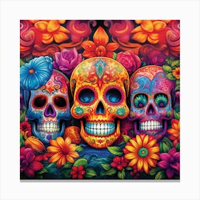 Maraclemente Many Sugar Skulls Colorful Flowers Vibrant Colors 2 Canvas Print