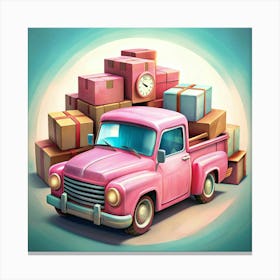 Pink Pickup Truck With A Stack Of Boxes And Presents Canvas Print