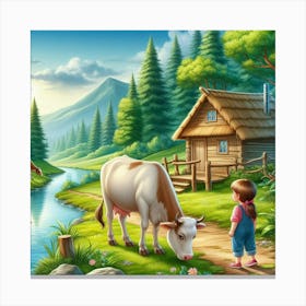 Little Girl And Cows In The Countryside Canvas Print