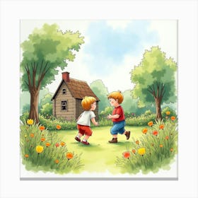 Watercolor Image Of Romanian Children Playing In An English Garden 1 Canvas Print