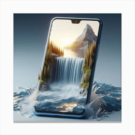 A smartphone whose screen displays a miniature view of a waterfall. 6 Canvas Print