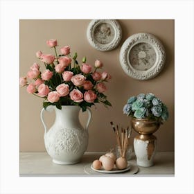 Pink Roses In A Vase Canvas Print