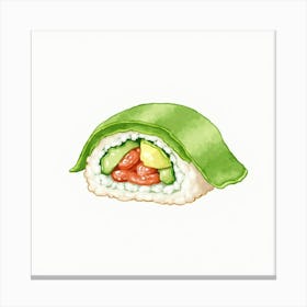 A Delicate Watercolor Portrait Of A Fresh Sushi Roll With Avocado And Cucumber Canvas Print