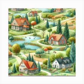 Houses, Lakes And Trees - Village In Bright Summer Colors Canvas Print