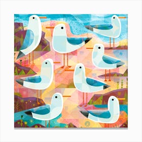 Seagulls On The Shore Square Canvas Print