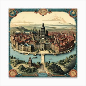 A Vintage Map, Of A Historic City With Ornate Borders And Labels art print 2 Canvas Print