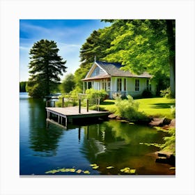 Summer House Lake Water Trees Nature Landscape Scenery Vacation Relaxation Tranquil Seren (3) Canvas Print