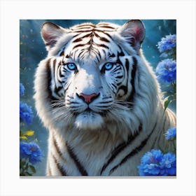 White Tiger With Blue Flowers Canvas Print