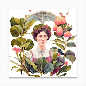 Artistic Representation of a Woman with Umbrella in a Garden Canvas Print