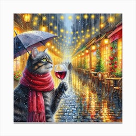 Cat Drinking Wine In The Rain 11 Canvas Print