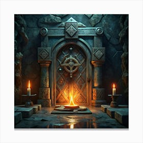 Mysterious Stone Door With Burning Candles In A Dark Room Canvas Print