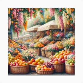 Market Fresh: A Fresh and Colorful Painting of a Flower and Fruit Market with Baskets and Stalls Canvas Print