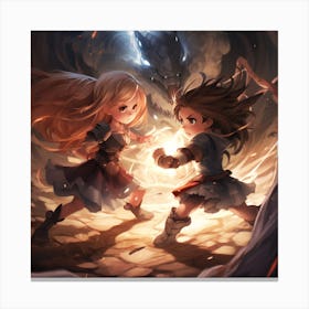 Two Girls Fighting A Dragon Anime Canvas Print