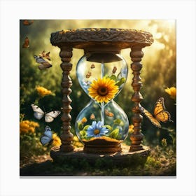 Hourglass With Sunflowers And Butterflies Canvas Print