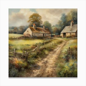 The old British countryside, a work of wall art dating back to 1960, with all its details and colours. The farm is an old oil painting in faded oil colours.3 1 Canvas Print