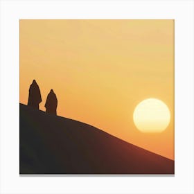 Silhouette Of A Couple Walking In The Desert Canvas Print