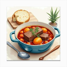 Watercolor Scene Of A Savory And Hearty Beef Stew On A Modern Dining Table Canvas Print