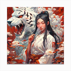 beatiful Asian Girl With big white Tiger Canvas Print