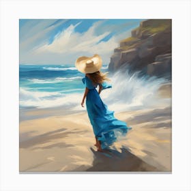 Girl In Blue Dress On The Beach Canvas Print