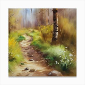 Path In The Woods.A dirt footpath in the forest. Spring season. Wild grasses on both ends of the path. Scattered rocks. Oil colors.27 Canvas Print