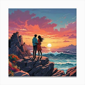 Ocean Sunset Beach With Couple Art Print (4) Canvas Print