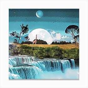 Giraffes At The Waterfall Canvas Print