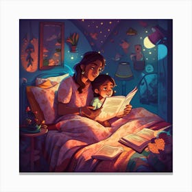 Mother And Daughter Reading In Bed Canvas Print