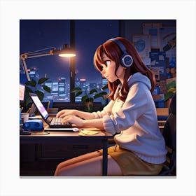 Anime Girl Working At Desk 1 Canvas Print