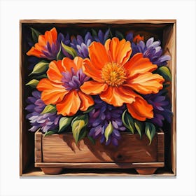 Orange Flowers In A Wooden Box Canvas Print