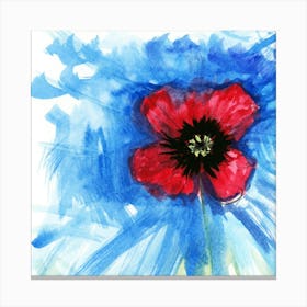 Red Poppy On Blue - watercolor square hand painted flower floral living room kitchen dining Canvas Print