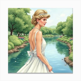 Elegant Watercolor Of Princess Diana With A Tranquil River View 1 Canvas Print