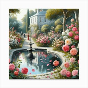 Rose Garden With The Fountain, Acrylic Style Painting Canvas Print