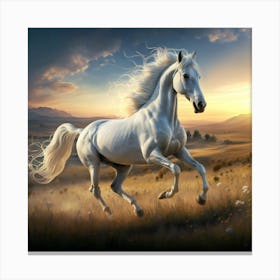 White Horse Running In The Field Canvas Print