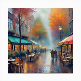 Amsterdam cafes, autumn season, rain, autumn oil colours.Faded colours,People passing on the street, winter clothes, rain umbrellas.16 Canvas Print