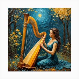 a woman plays a harp under the starry sky Canvas Print