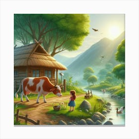 Girl And Cow In The Countryside Canvas Print