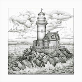 Lighthouse,A drawing of a lighthouse on a rock in the ocean. Canvas Print