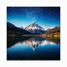 Firefly Mountains, Snow Capped, Towering, Background, Tranquil, Lake, Foreground, Reflecting, Starry (9) Canvas Print