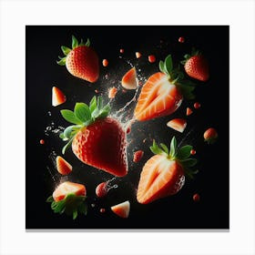 Strawberry Splashing On Black Background Canvas Print