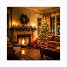 A Cozy Winter Evening By A Roaring Fireplace An Ornately Decorated Christmas Tree Situated In The C Canvas Print